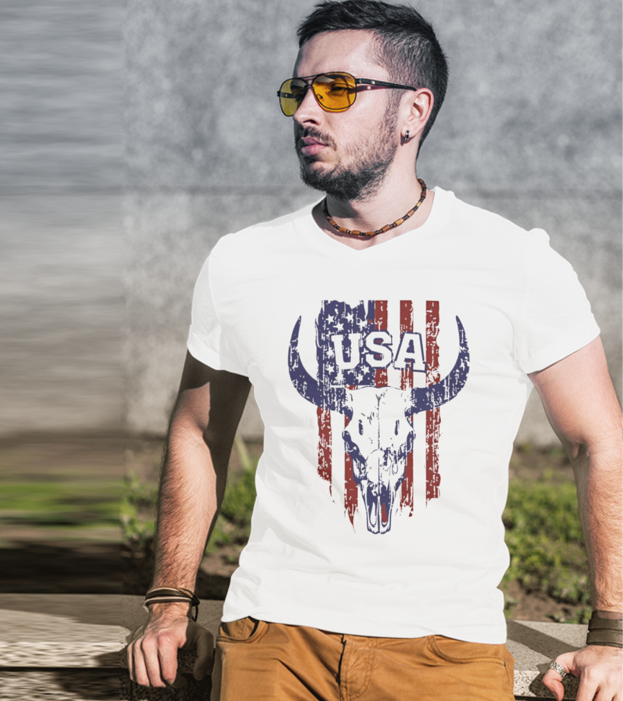 USA Buffalo Skull American Flag Patriotic T-Shirt