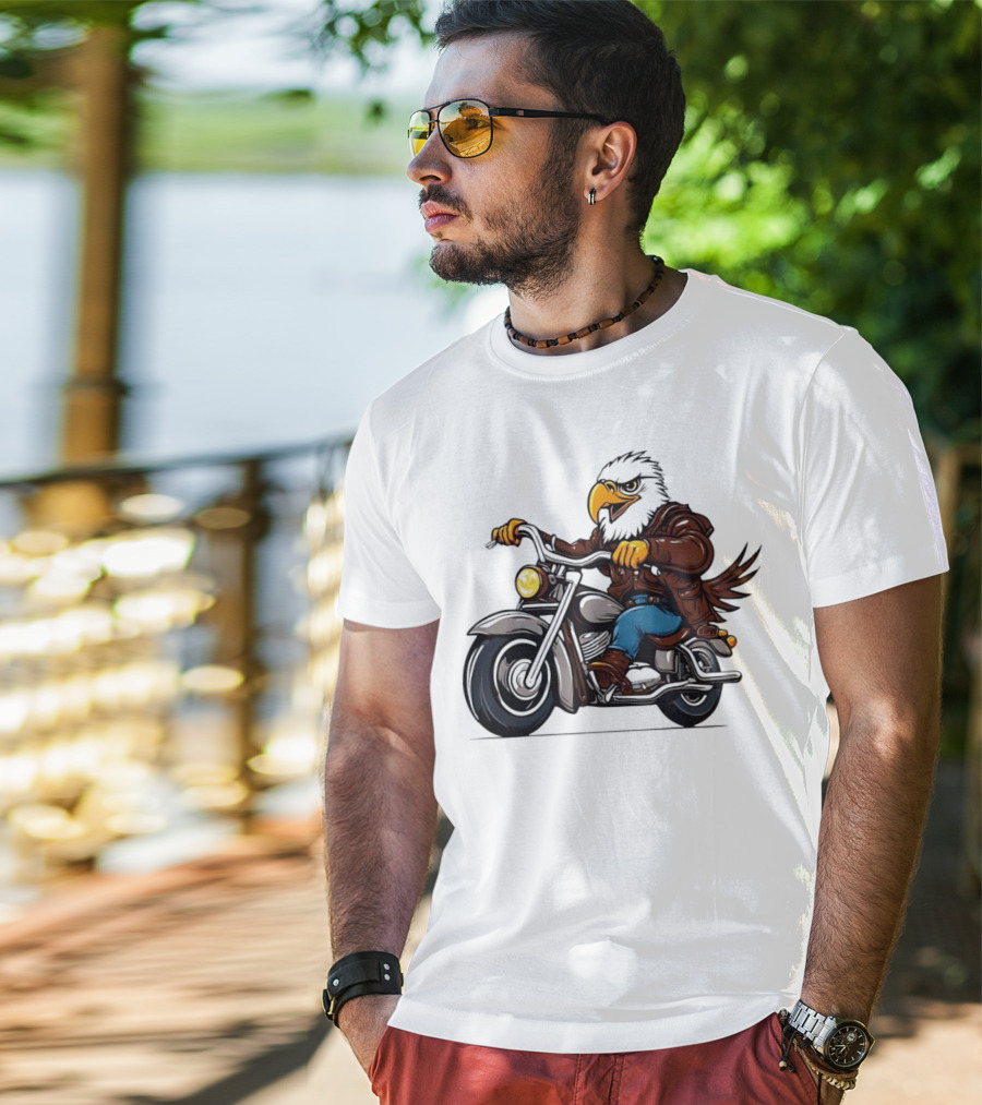Eagle Riding Motorcycle In Brown Jacket And Blue Jeans T-Shirt