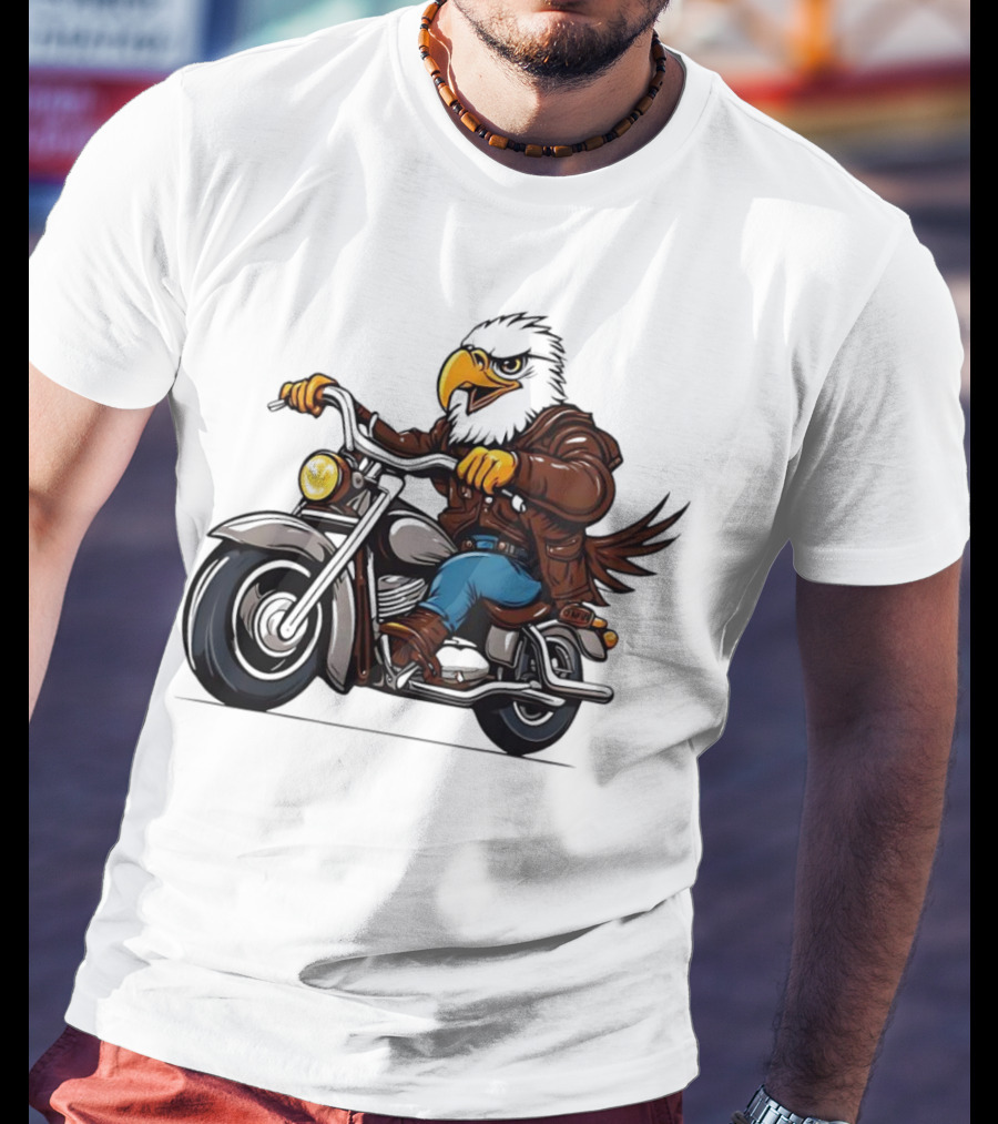 Eagle Riding Motorcycle In Brown Jacket And Blue Jeans T-Shirt