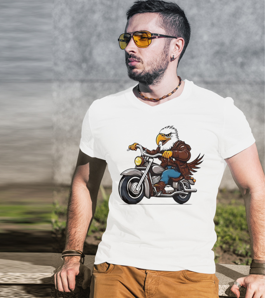 Eagle Riding Motorcycle In Brown Jacket And Blue Jeans T-Shirt