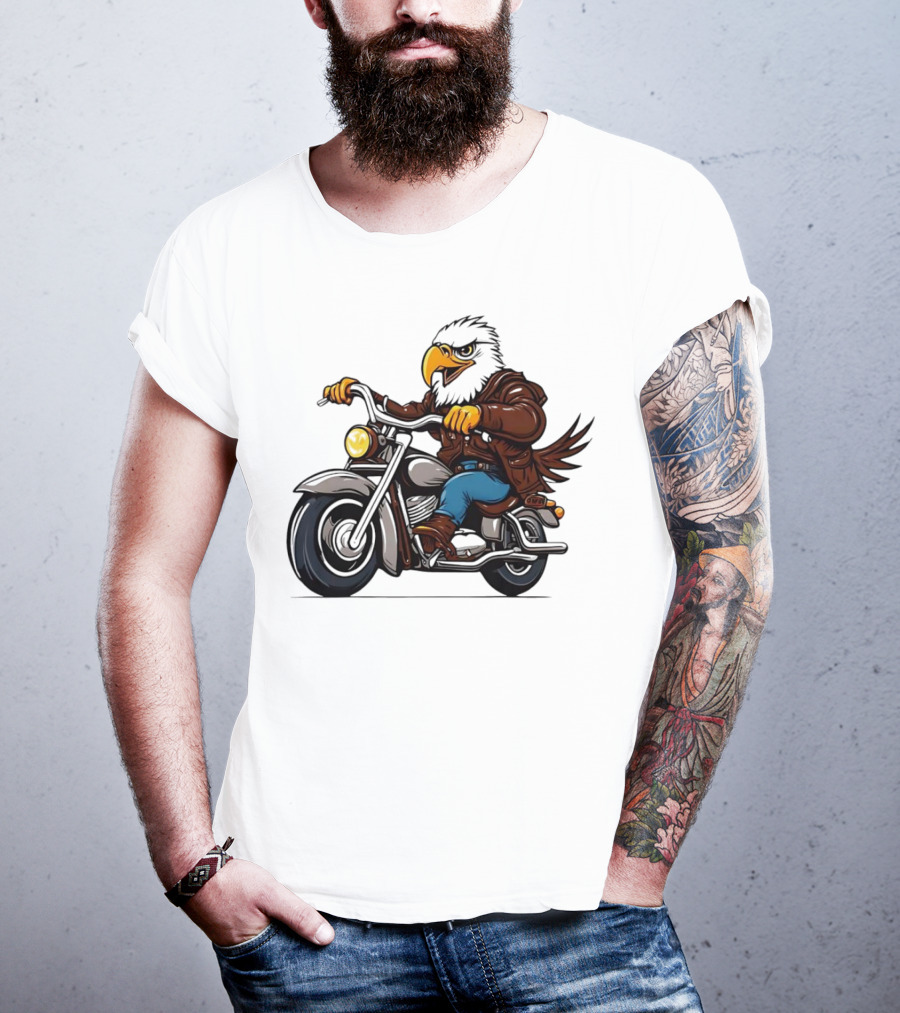 Eagle Riding Motorcycle In Brown Jacket And Blue Jeans T-Shirt