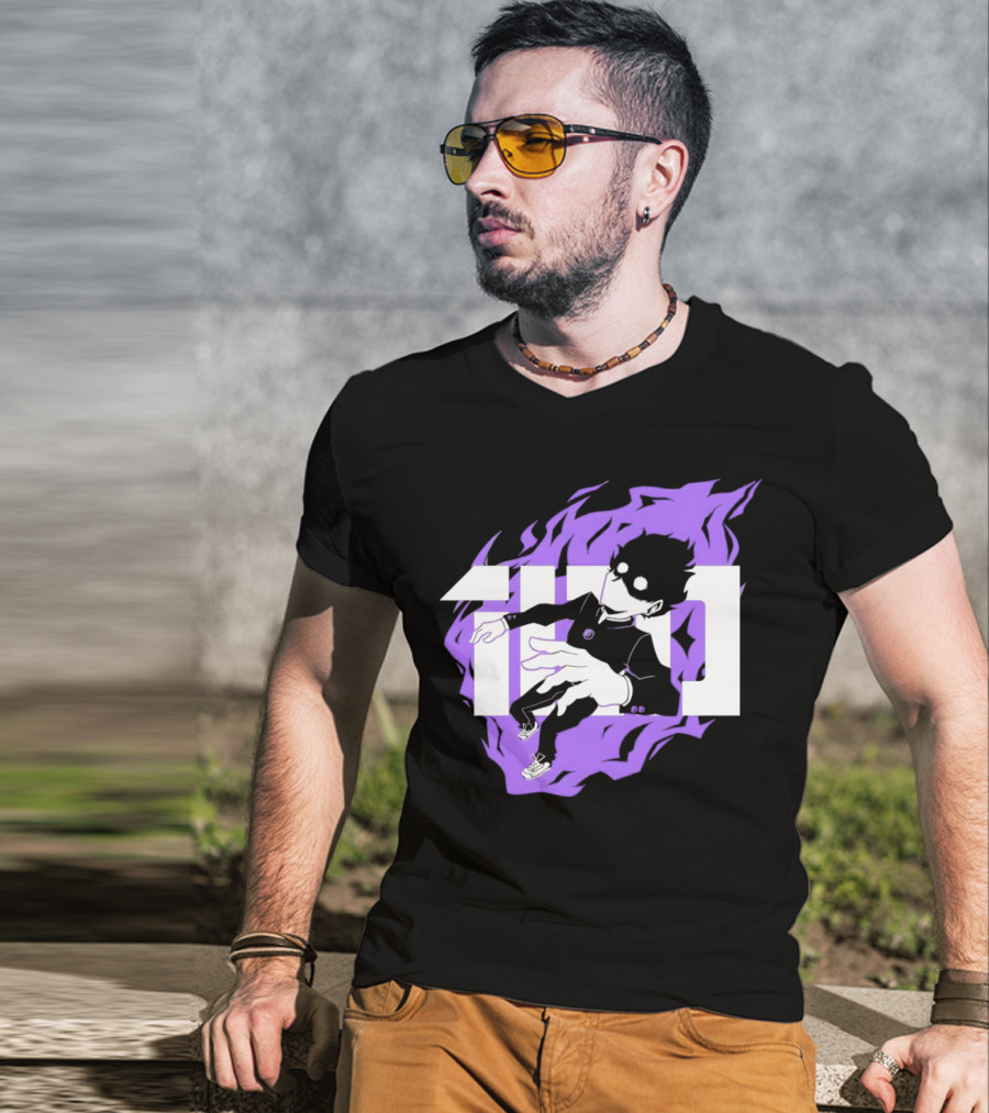 Mob Psycho 100 Psyched Out Character With Purple Aura And Bold Typography T-Shirt