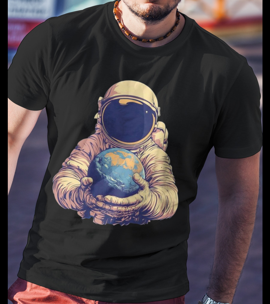 Astronaut Embracing Planet Earth Cosmic Guardians Of Home T-Shirt