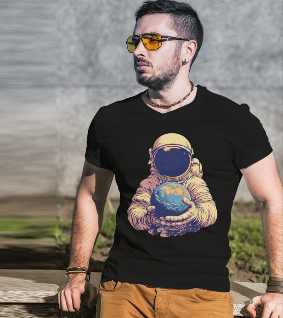 Astronaut Embracing Planet Earth Cosmic Guardians Of Home T-Shirt