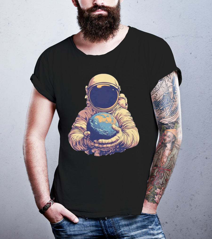 Astronaut Embracing Planet Earth Cosmic Guardians Of Home T-Shirt