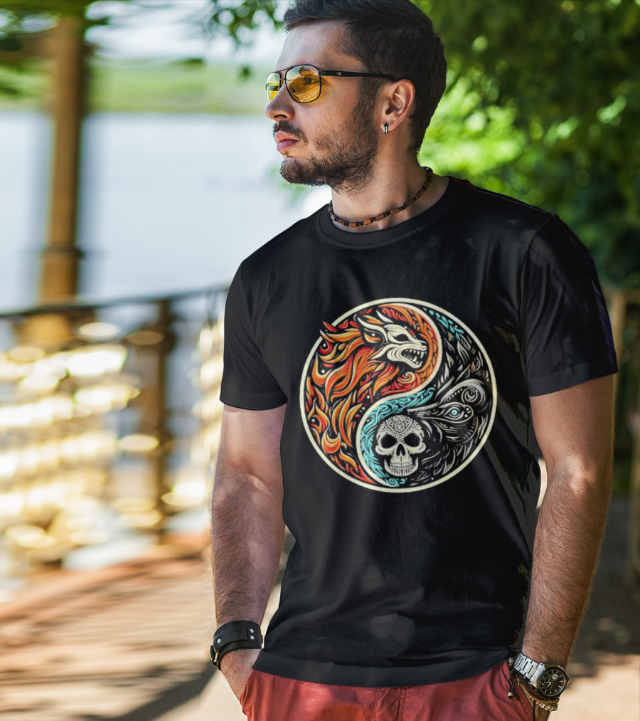 Wolf Warrior Yin Yang Skull Flame Elements T-Shirt