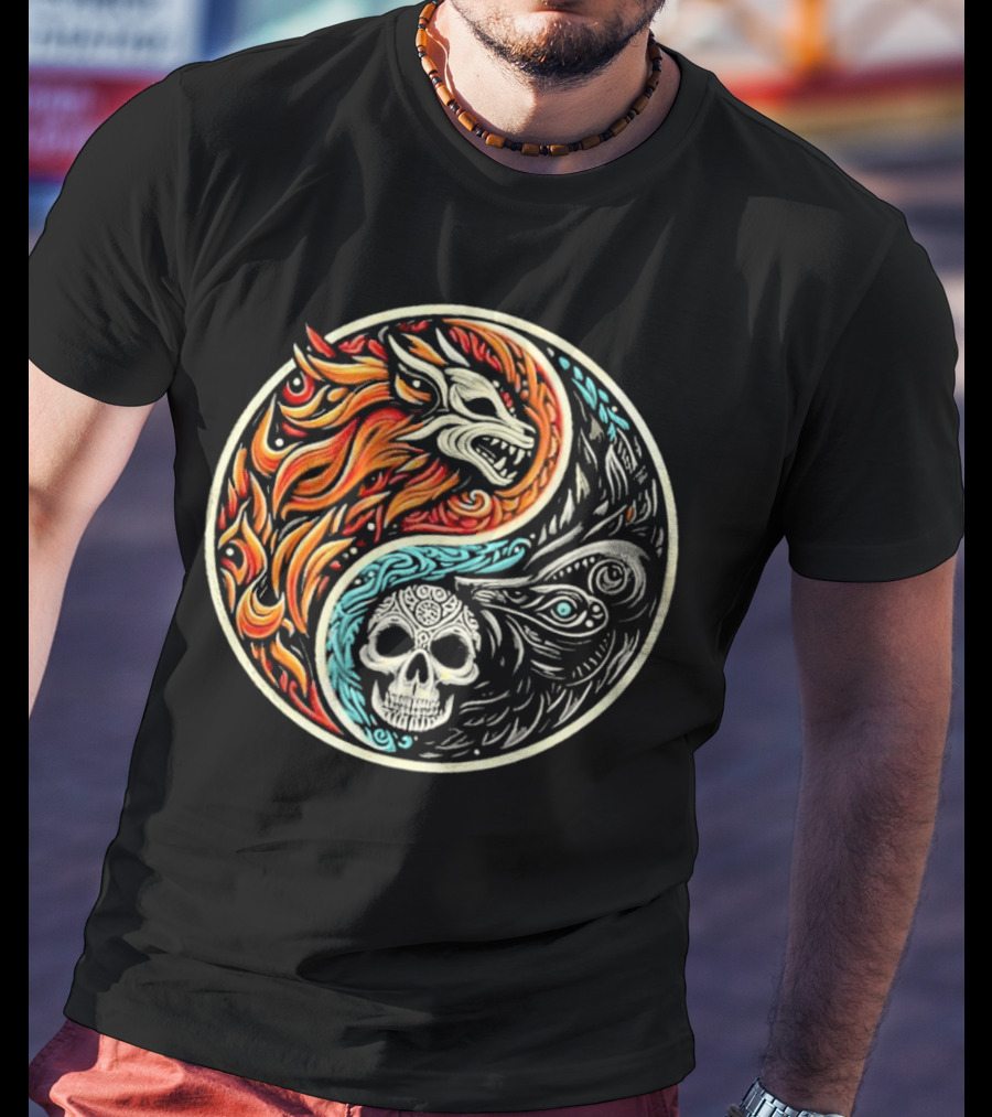 Wolf Warrior Yin Yang Skull Flame Elements T-Shirt