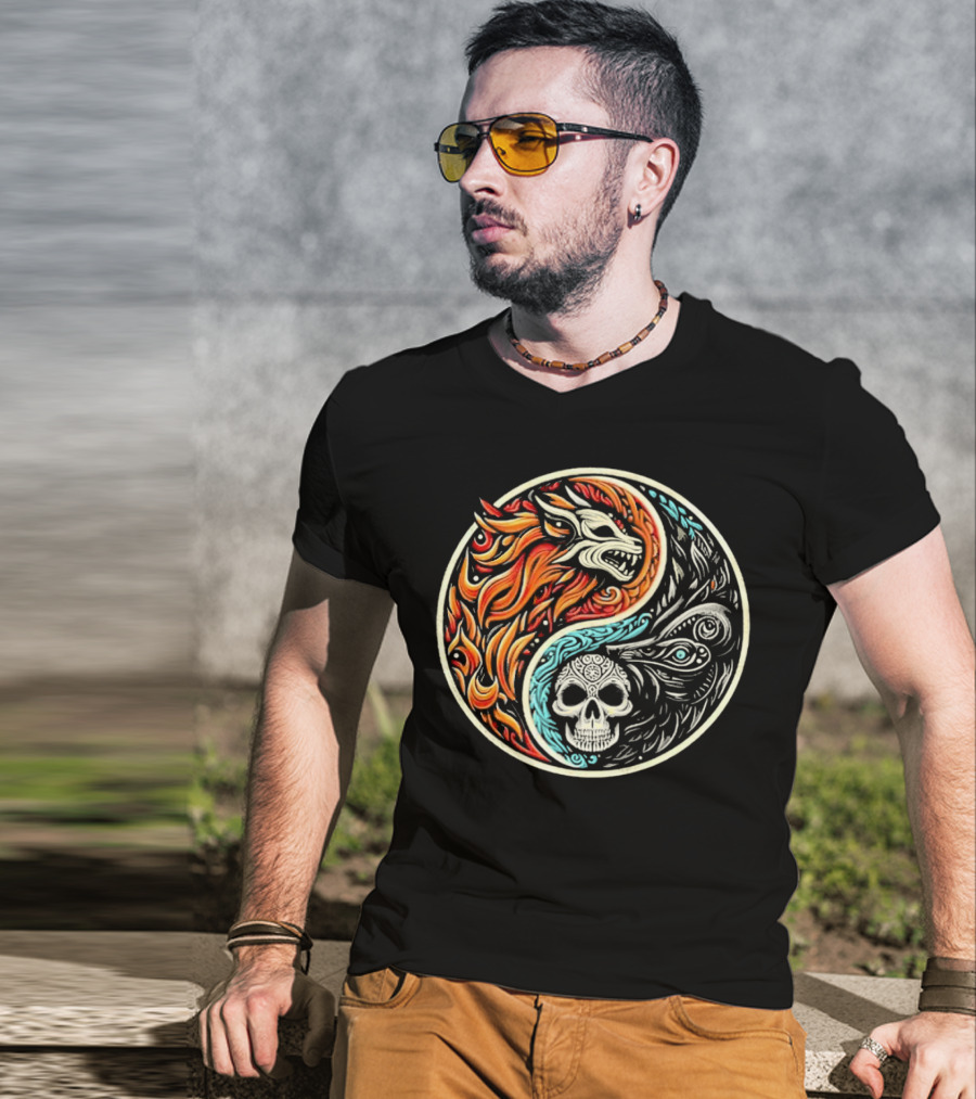 Wolf Warrior Yin Yang Skull Flame Elements T-Shirt