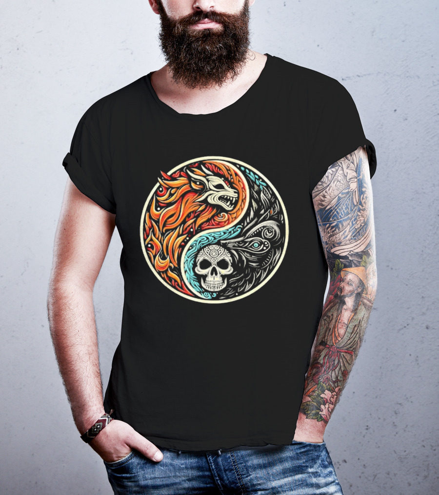 Wolf Warrior Yin Yang Skull Flame Elements T-Shirt