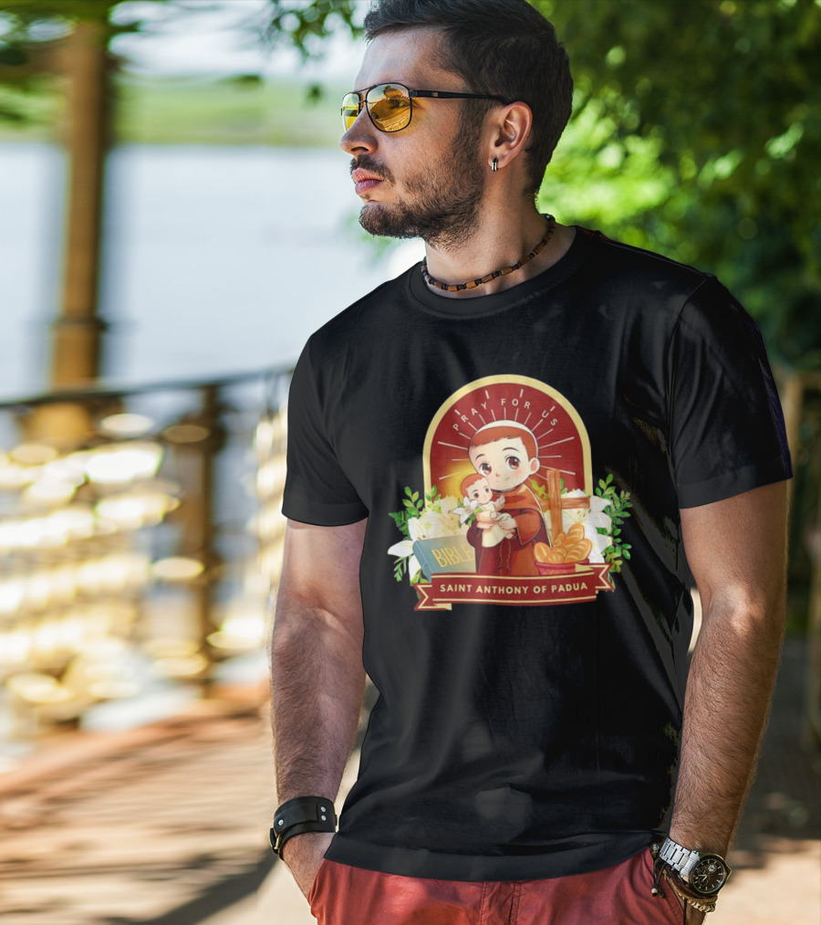 Saint Anthony Of Padua Pray For Us Cartoon With Bible And Bread T-Shirt