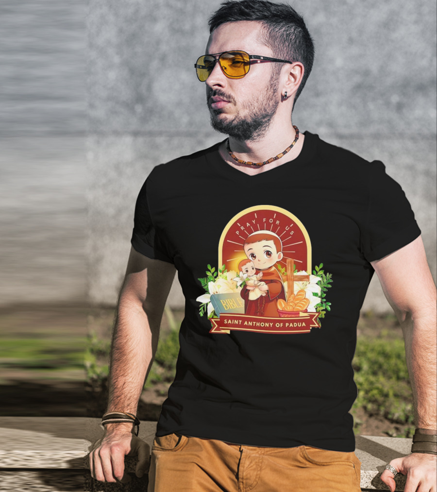 Saint Anthony Of Padua Pray For Us Cartoon With Bible And Bread T-Shirt