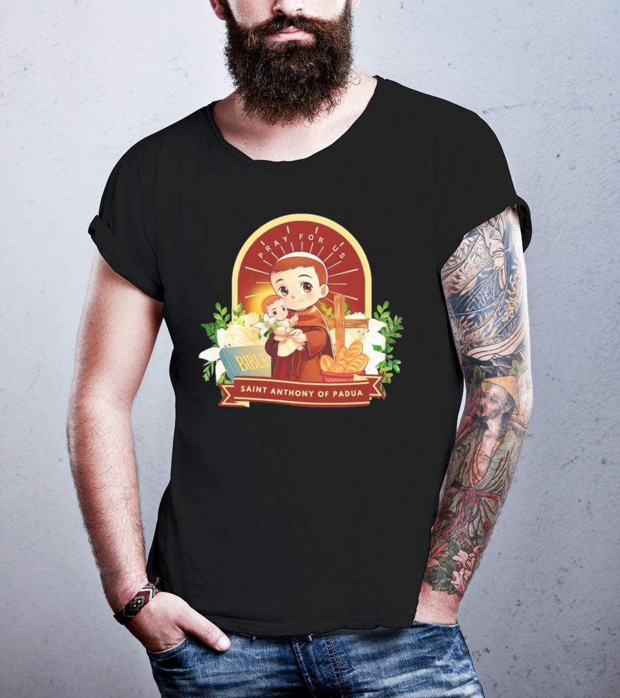 Saint Anthony Of Padua Pray For Us Cartoon With Bible And Bread T-Shirt