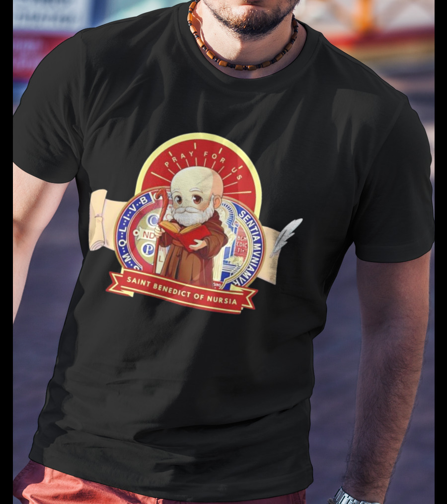 Saint Benedict Of Nursia Pray For Us Cartoon M O L I V B Senitas Munian E I V B Benedict II O S Smqlv X O P S V R S M Q L I V B P A X C S P B T-Shirt