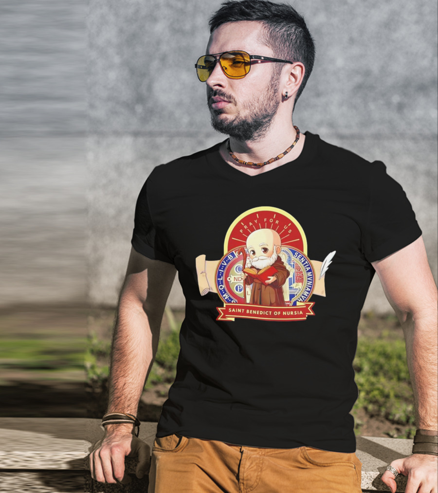 Saint Benedict Of Nursia Pray For Us Cartoon M O L I V B Senitas Munian E I V B Benedict II O S Smqlv X O P S V R S M Q L I V B P A X C S P B T-Shirt