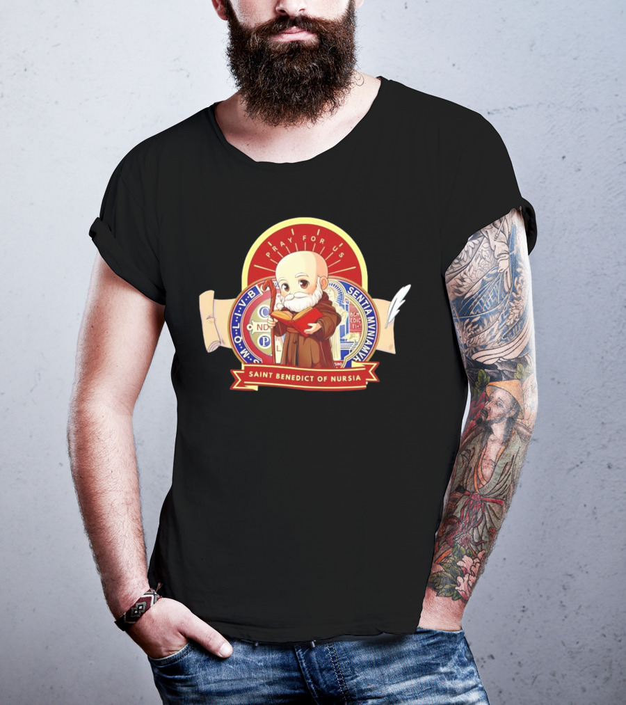 Saint Benedict Of Nursia Pray For Us Cartoon M O L I V B Senitas Munian E I V B Benedict II O S Smqlv X O P S V R S M Q L I V B P A X C S P B T-Shirt