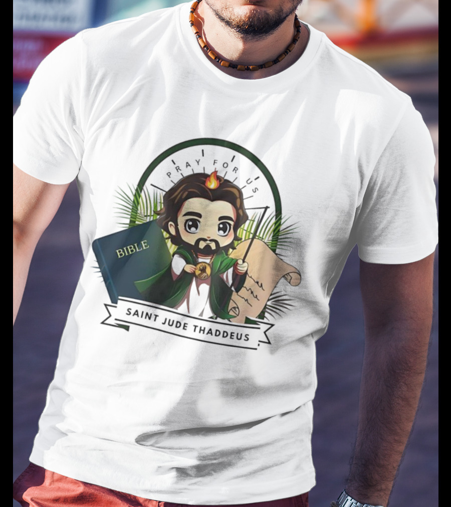 Saint Jude Thaddeus Pray For Us Cartoon Bible Scroll Flame T-Shirt