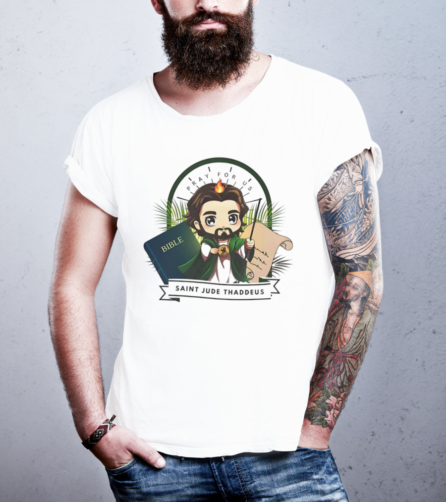 Saint Jude Thaddeus Pray For Us Cartoon Bible Scroll Flame T-Shirt