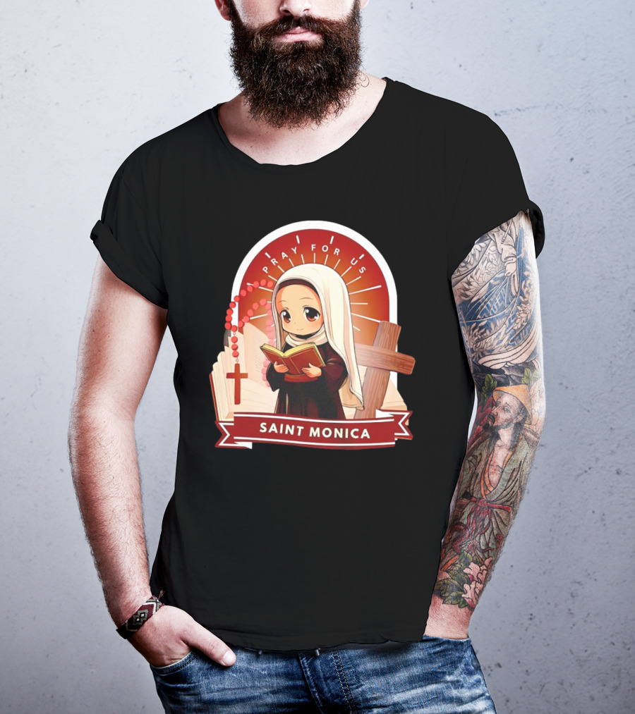 Saint Monica Pray For Us Cartoon Hippo Theme With Book And Cross T-Shirt