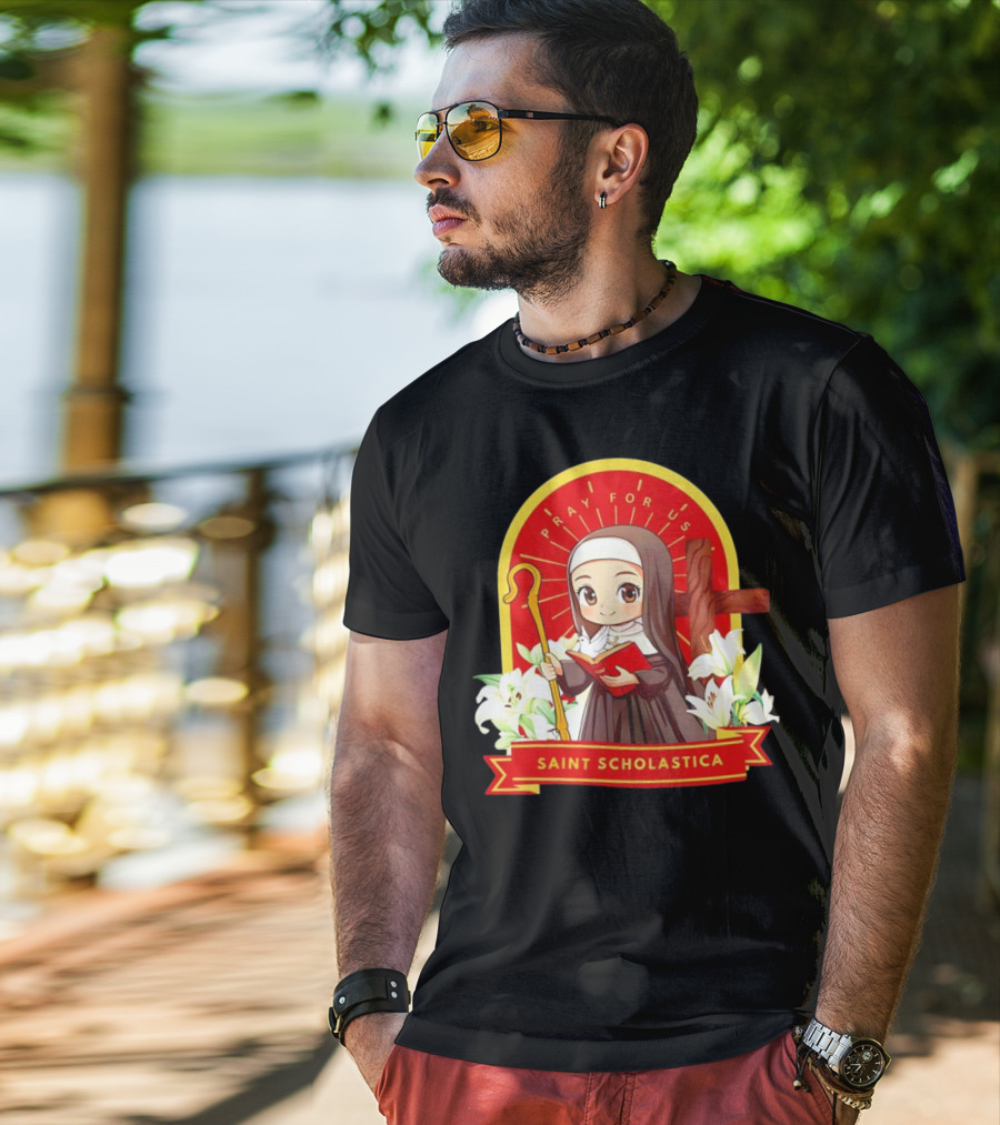 Saint Scholastica Pray For Us Cartoon Cute Nun Illustration With Cross And Flowers T-Shirt