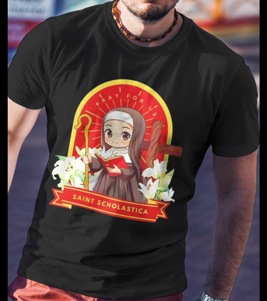 Saint Scholastica Pray For Us Cartoon Cute Nun Illustration With Cross And Flowers T-Shirt