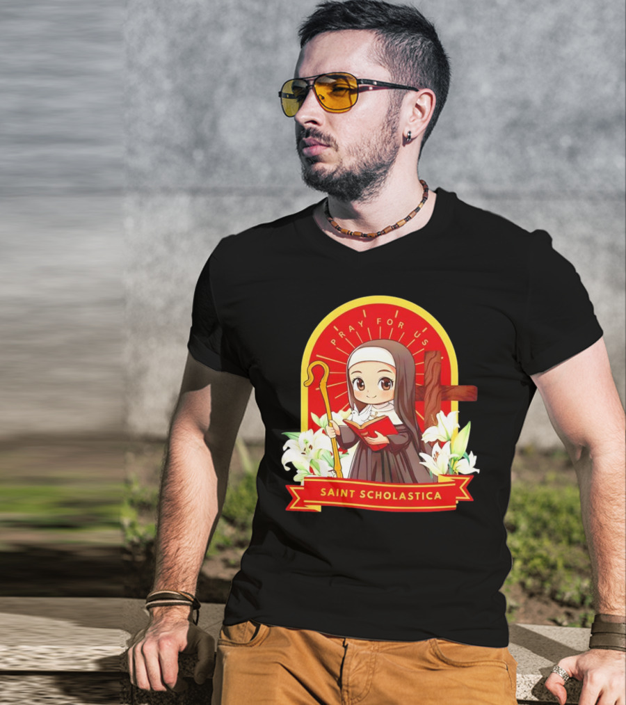 Saint Scholastica Pray For Us Cartoon Cute Nun Illustration With Cross And Flowers T-Shirt