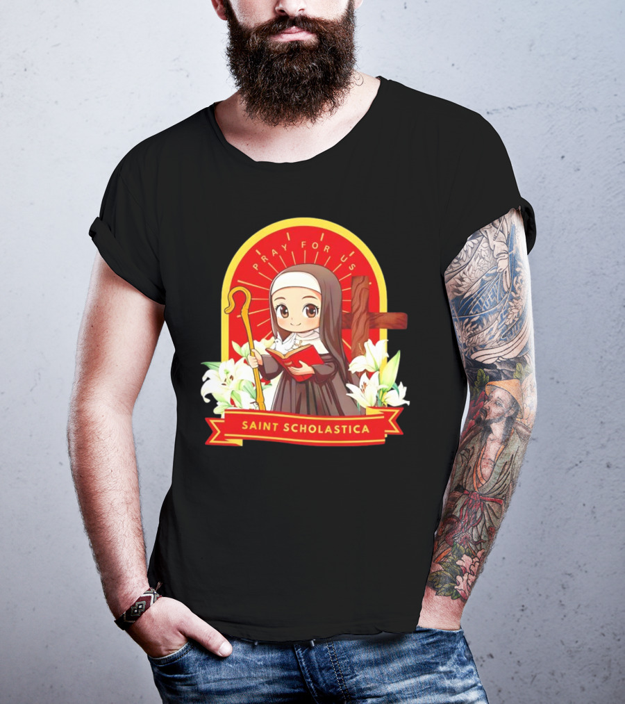 Saint Scholastica Pray For Us Cartoon Cute Nun Illustration With Cross And Flowers T-Shirt