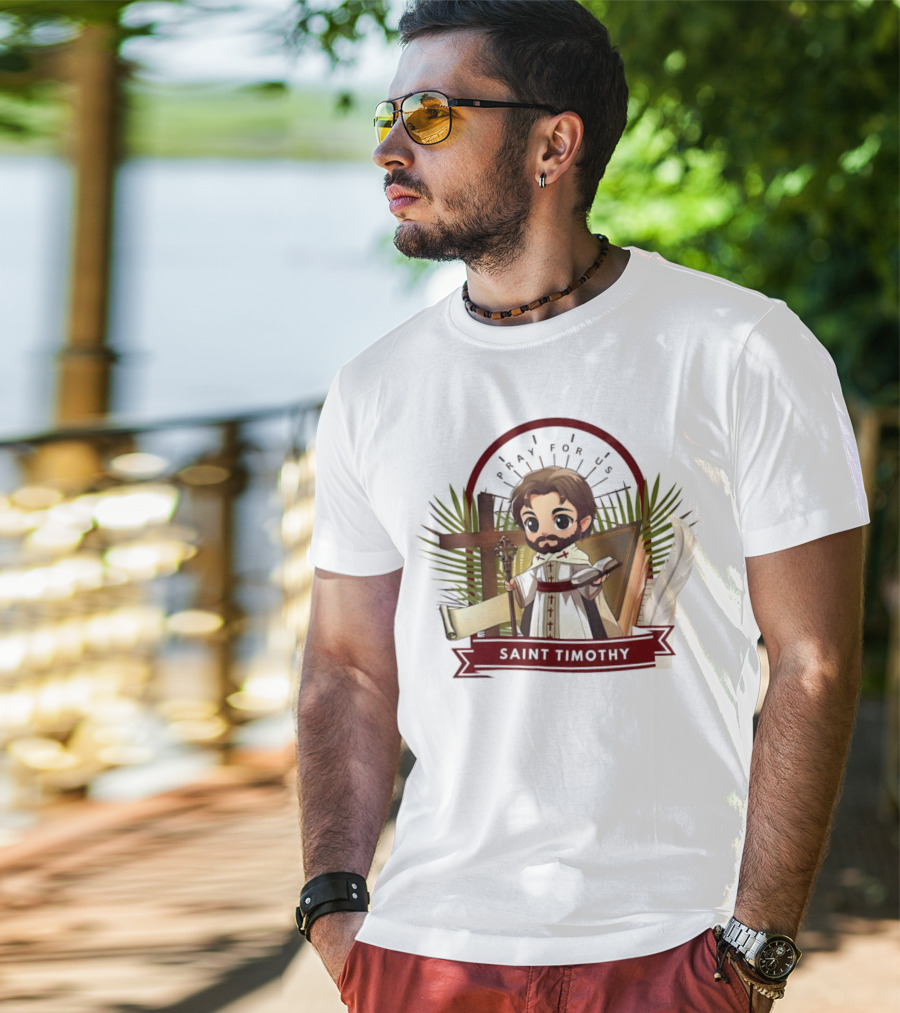 Saint Timothy Pray For Us Cartoon With Cross And Feather Motif T-Shirt