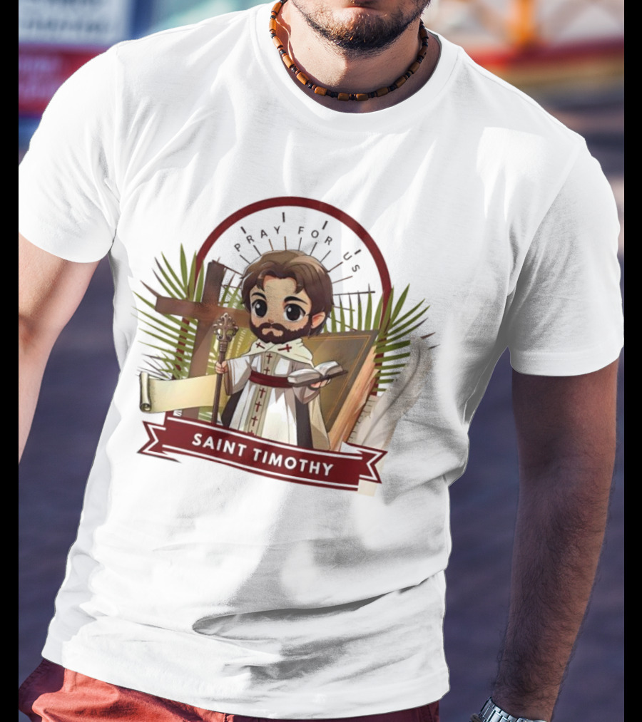 Saint Timothy Pray For Us Cartoon With Cross And Feather Motif T-Shirt