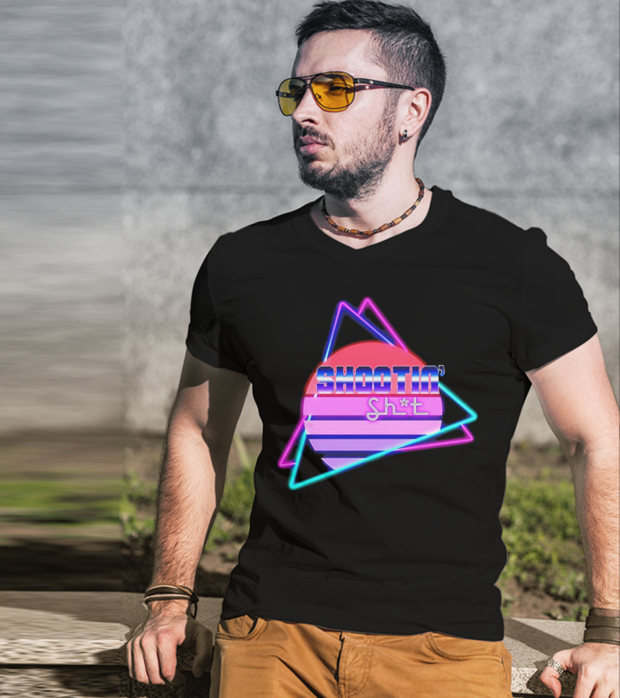 Shootin’ Sh*t Neon Retro 80's Style Triangles And Sunset Stripes T-Shirt