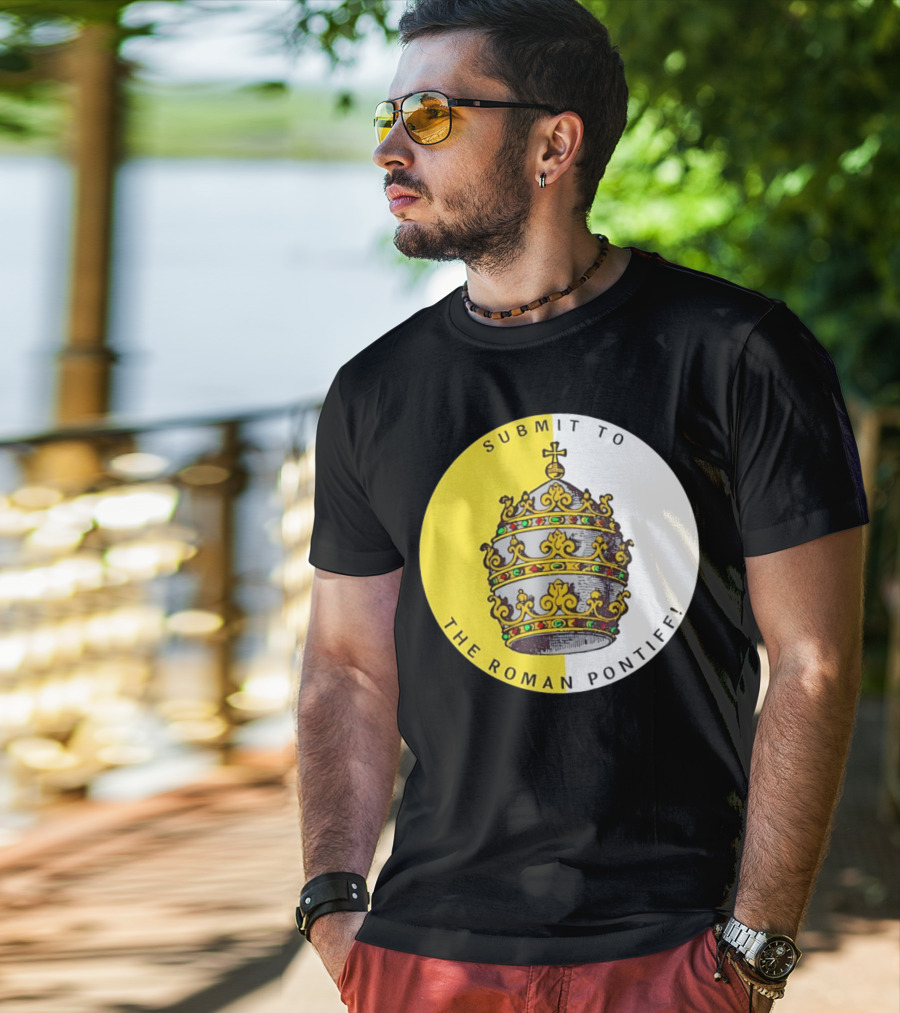 Submit To The Roman Pontiff Triple Tiara Circular Emblem T-Shirt