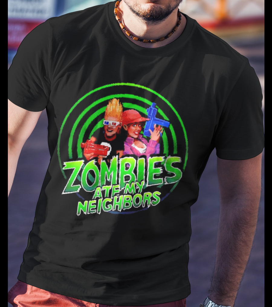 Zombies Ate My Neighbors Zombie Hunters Game Retro Style 90s Arcade Action Kids With Toy Blasters T-Shirt