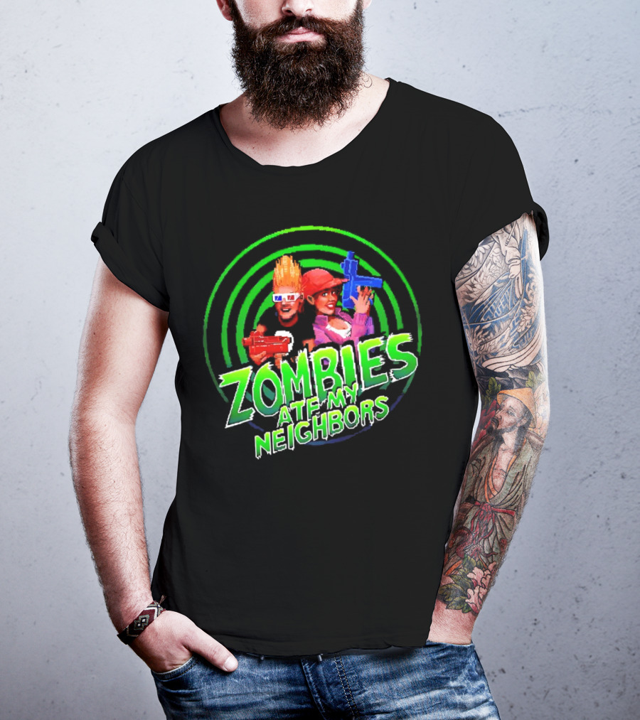 Zombies Ate My Neighbors Zombie Hunters Game Retro Style 90s Arcade Action Kids With Toy Blasters T-Shirt
