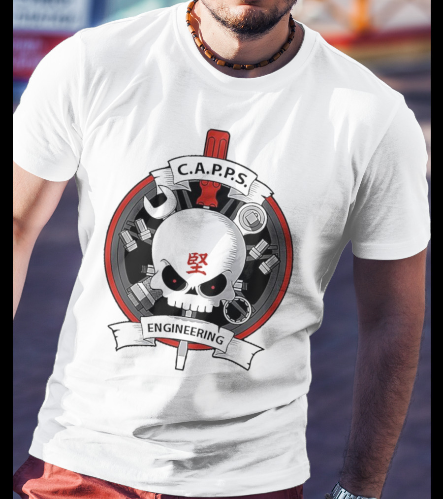 C.A.P.P.S. Engineering Skull With Tools And Red T-Shirt