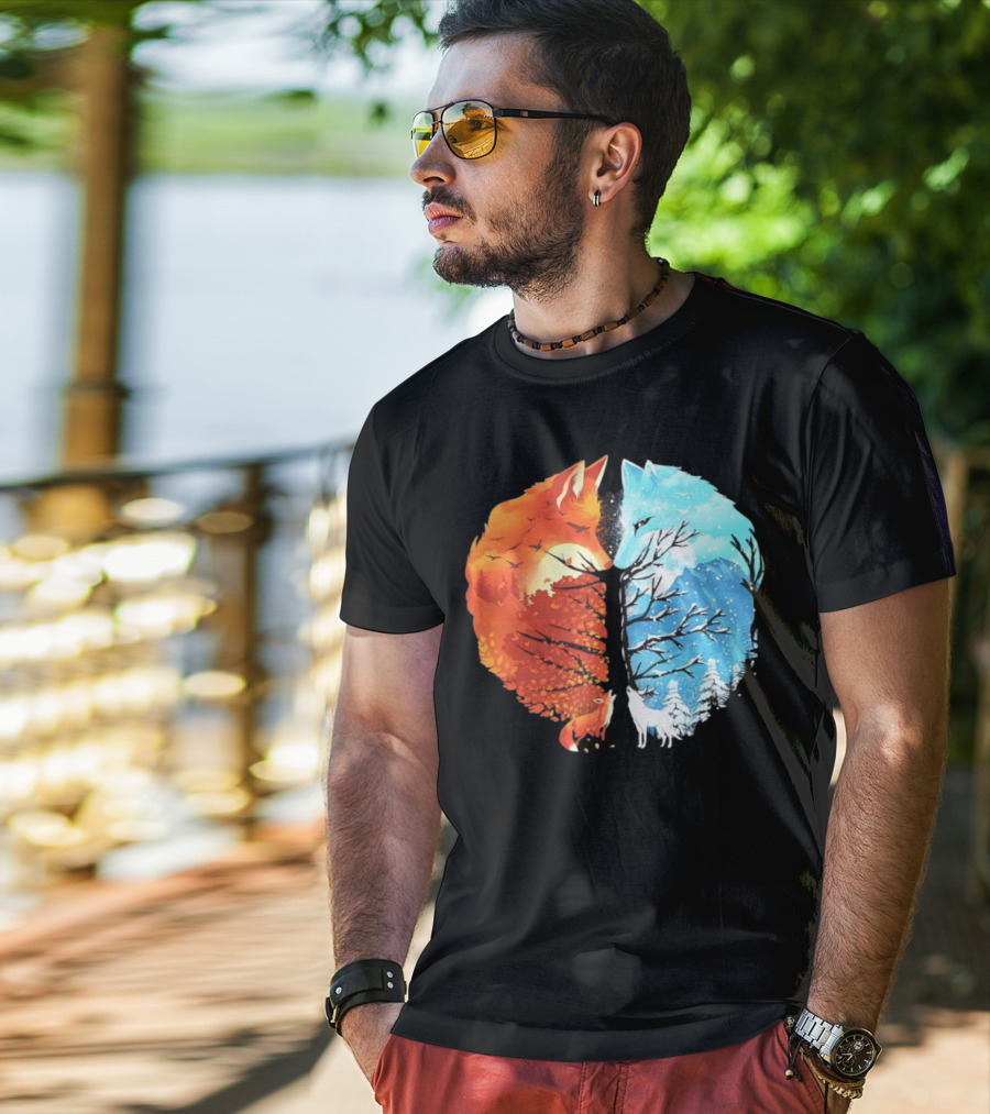 Fire And Ice Fox Dual Seasons Tree T-Shirt
