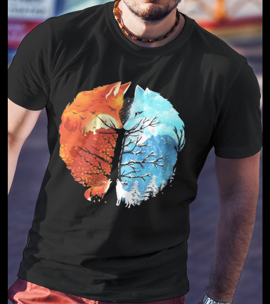 Fire And Ice Fox Dual Seasons Tree T-Shirt