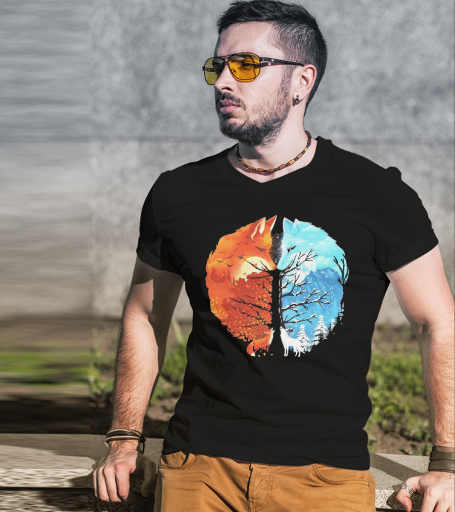 Fire And Ice Fox Dual Seasons Tree T-Shirt