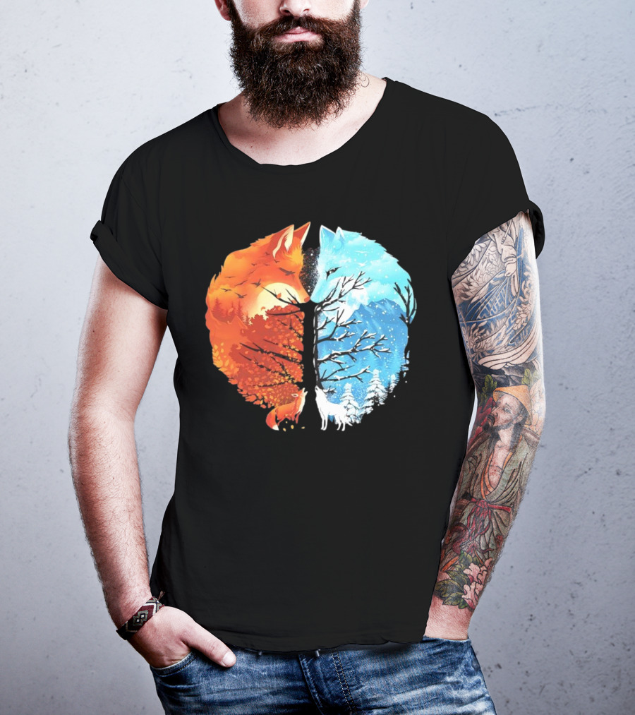 Fire And Ice Fox Dual Seasons Tree T-Shirt