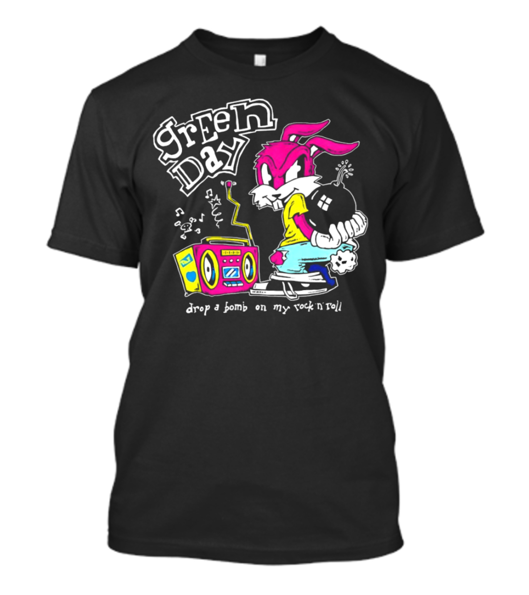 Green Day Drop A Bomb On My Rock ‘N’ Roll Pink Rabbit And Boombox T-Shirt