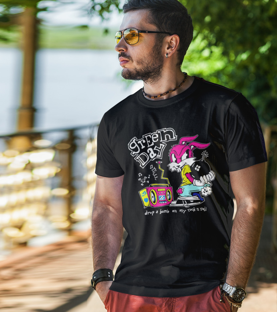 Green Day Drop A Bomb On My Rock ‘N’ Roll Pink Rabbit And Boombox T-Shirt
