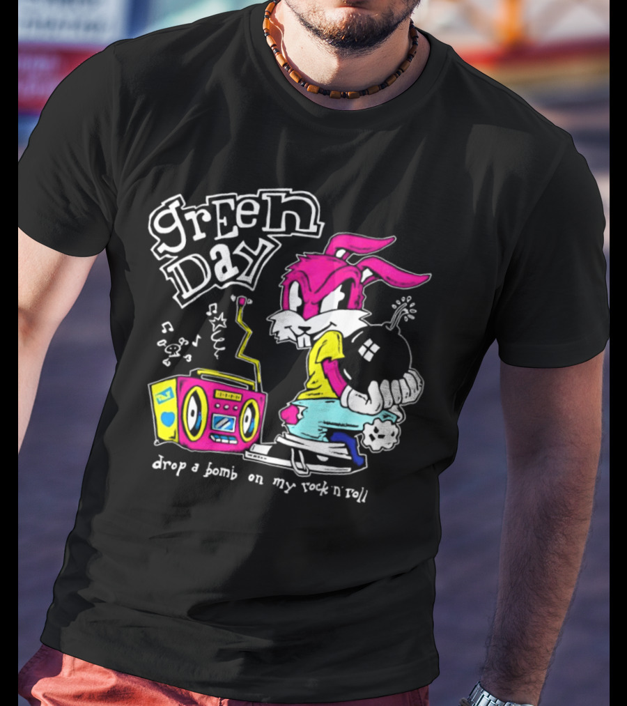Green Day Drop A Bomb On My Rock ‘N’ Roll Pink Rabbit And Boombox T-Shirt