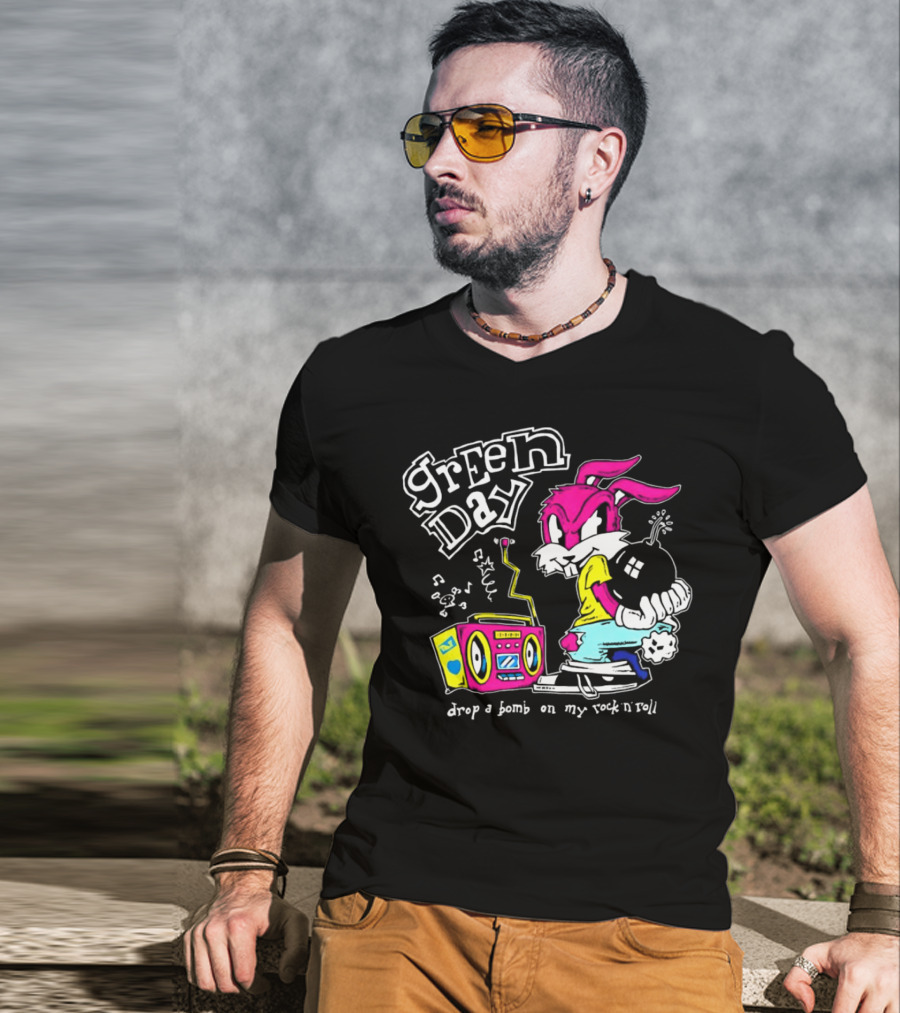Green Day Drop A Bomb On My Rock ‘N’ Roll Pink Rabbit And Boombox T-Shirt