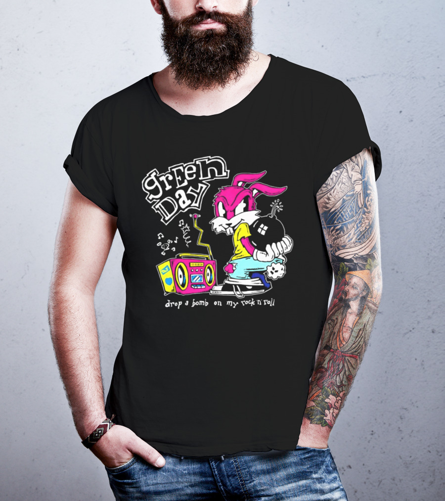 Green Day Drop A Bomb On My Rock ‘N’ Roll Pink Rabbit And Boombox T-Shirt