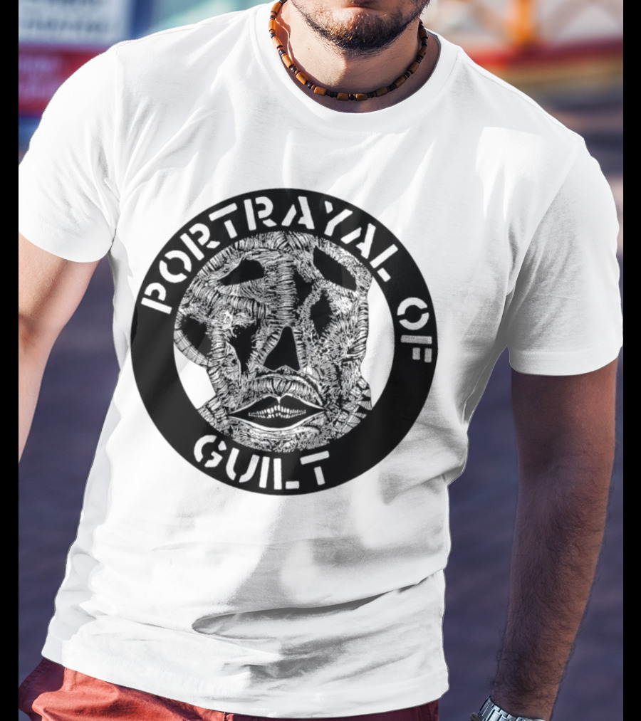 PORTRAYAL OF GUILT Circle Logo With Abstract Face T-Shirt