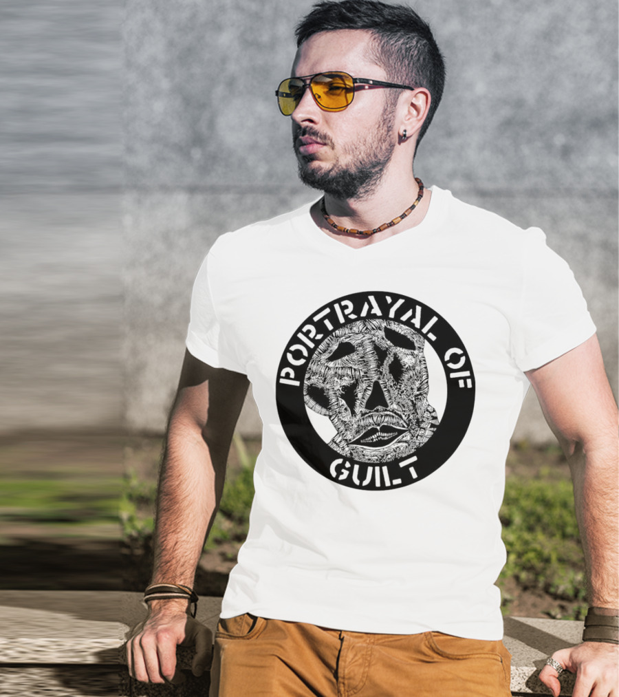 PORTRAYAL OF GUILT Circle Logo With Abstract Face T-Shirt