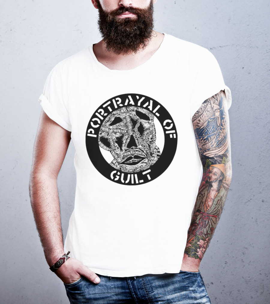 PORTRAYAL OF GUILT Circle Logo With Abstract Face T-Shirt