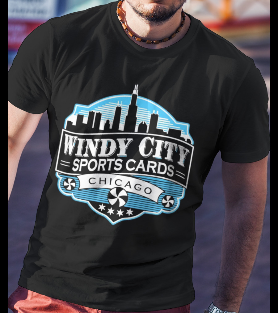 Windy City Sports Cards Chicago Skyline With Stars And Peppermint Swirls T-Shirt