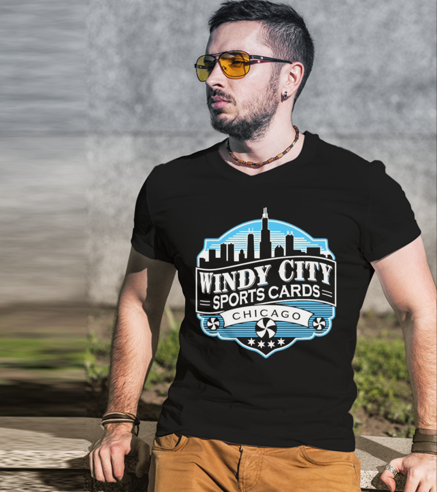 Windy City Sports Cards Chicago Skyline With Stars And Peppermint Swirls T-Shirt