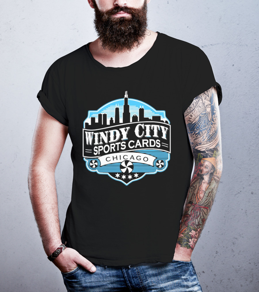 Windy City Sports Cards Chicago Skyline With Stars And Peppermint Swirls T-Shirt