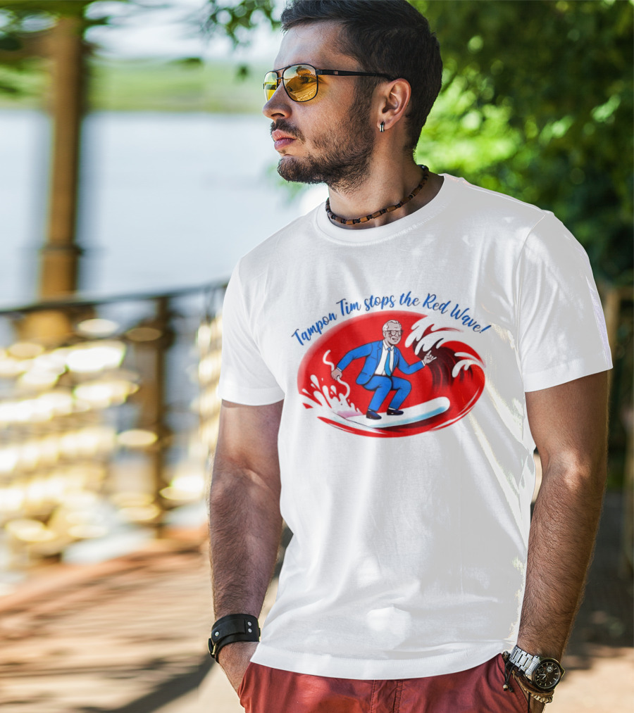 Tampon Tim Stops The Red Wave Surfing Cartoon T-Shirt