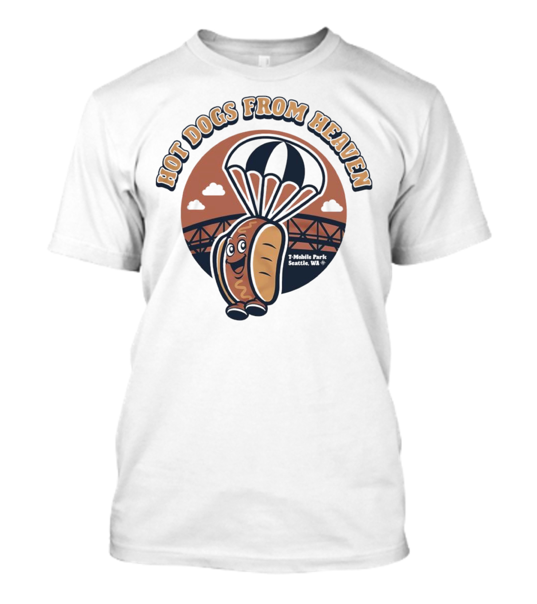 Hot Dogs From Heaven Parachuting Smiling Hot Dog Over Bridge T-Shirt